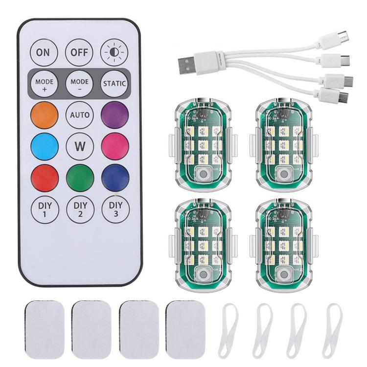 LED Strobe Lights For Motorcycles Electric Scooters Bicycle Tail Lights Drone Charging Navigation Lamp — 4 Light+18-Button Remote Control