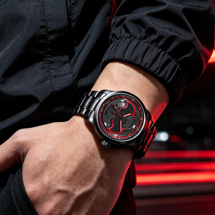 YAZOLE N949 Men Wristwatch With Rotating Bezel Luminous Stainless Steel Band Quartz Movement — Red Black