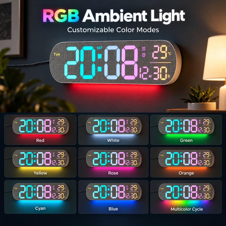 RGB LED Digital Wall Clock Color Changing Display with Date Temperature Alarm Ambient Light — view 11