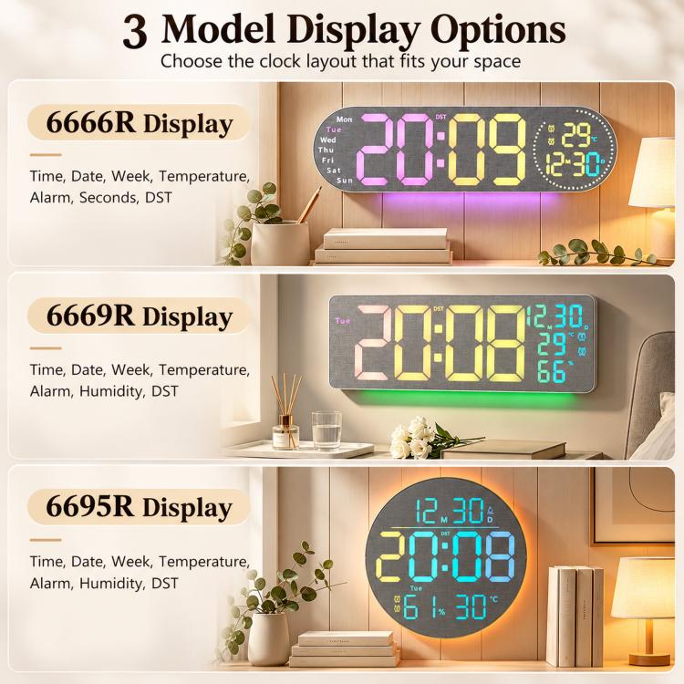 RGB LED Digital Wall Desk Clock with Date Temperature Humidity DST, Ambient Light — 6669R Fabric Texture