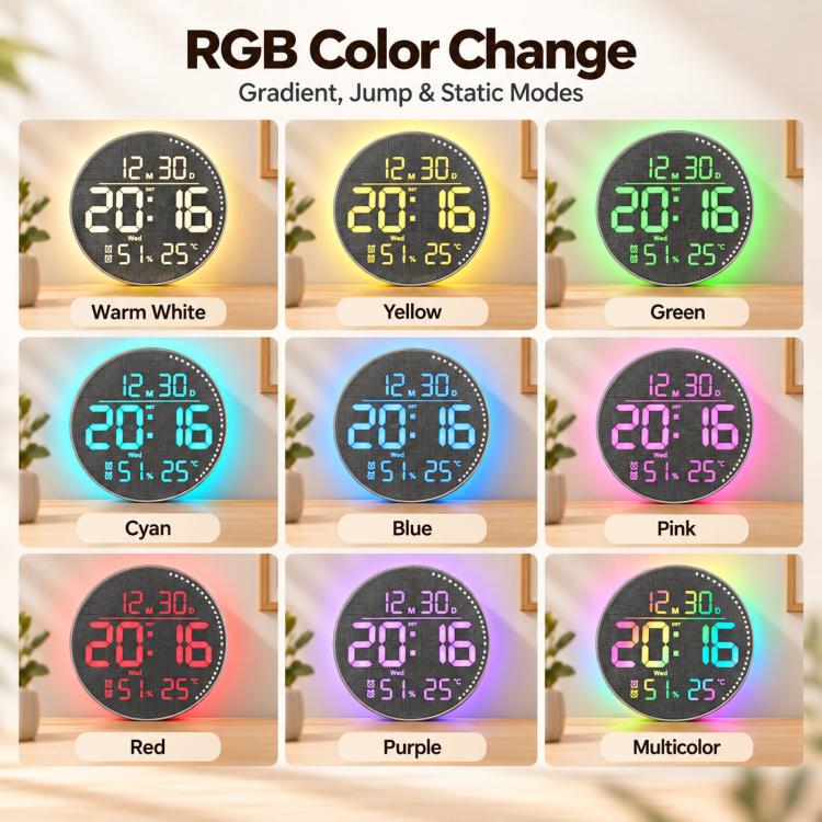 RGB LED Digital Wall Desk Clock with Date Temperature Humidity DST, Ambient Light — view 10
