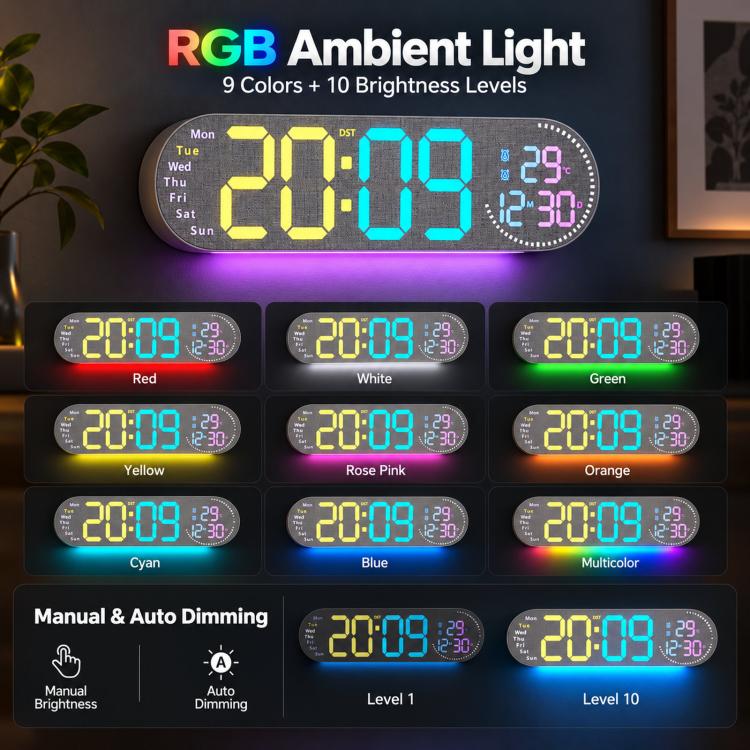 RGB LED Digital Wall Desk Clock with Date Temperature Humidity DST, Ambient Light — view 11