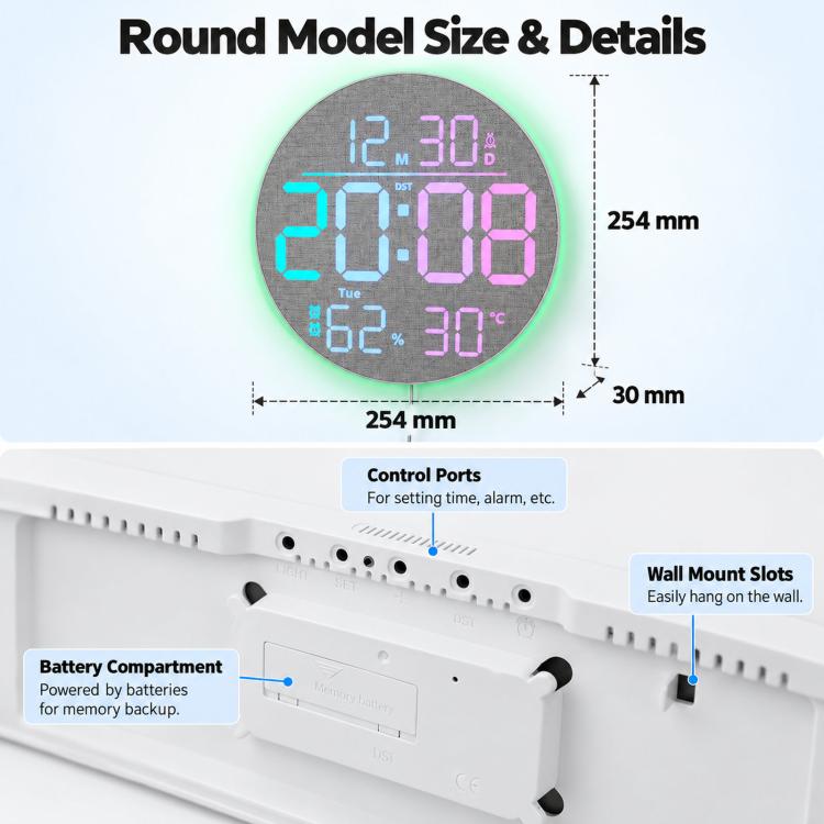 RGB LED Digital Wall Desk Clock with Date Temperature Humidity DST, Ambient Light — view 13