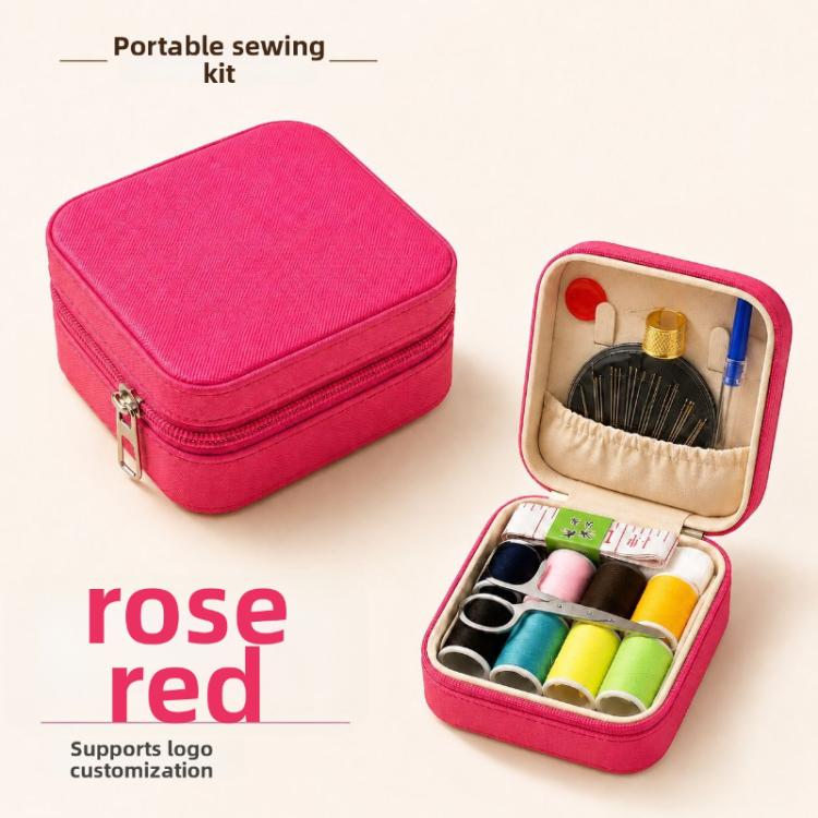 Portable Sewing Kit With Case - 11 Color Threads & 6-Piece Tool Set For Home Repair — Wine Red