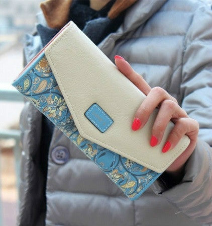 Long Leather Floral Pattern Wallets Coin Purses Money Bag for Women — Blue