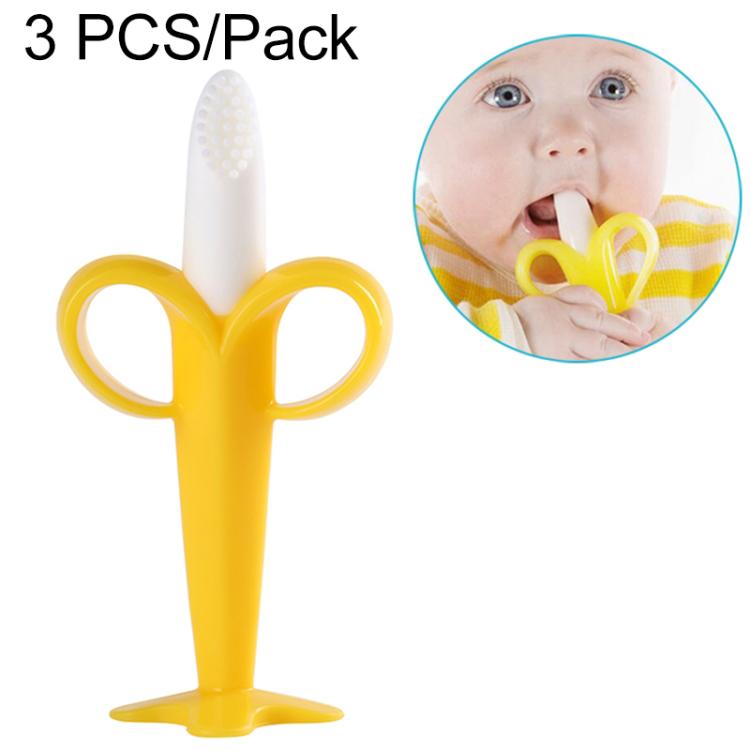 3 PCS Baby Silicone Training Toothbrush Banana Shape Safe Toddle Teether Chew Toys Teething Ring Gift for Infant Baby Chewing