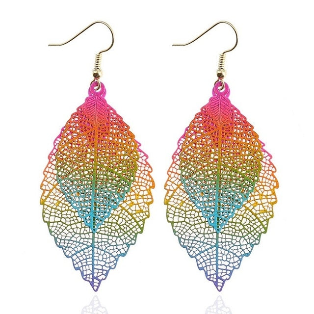 Double-layered Leaves Tassel Earrings Simple Retro Metal Leaf-ears Ornaments — Red Black