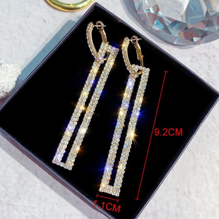 Fashion Long Geometric Drop Earrings Luxury Gold Silver Color Rectangle Rhinestone Earring — Silver