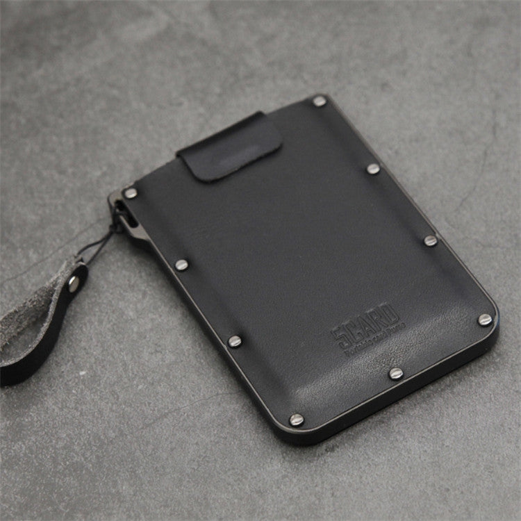 Portable Ultra-thin Card Holder Pull-out Design Invisible Personalized Card Holder — Black Genuine Leather