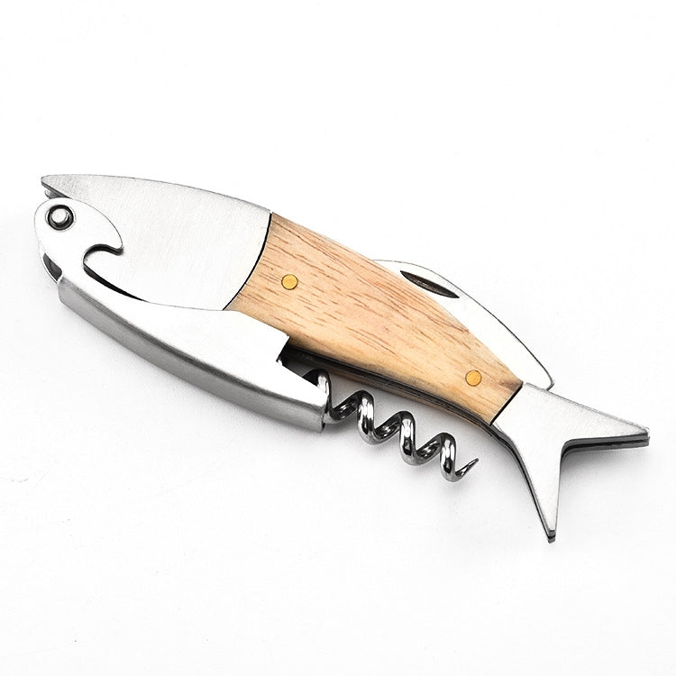 Wine Opener Wine Multifunctional Corkscrew with Wooden Handle, Fish Shape
