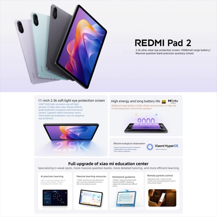 REDMI Pad 2 11 inch Tablet PC, HyperOS 2, MediaTek G100-Ultra Octa Core CPU, 8GB+128GB