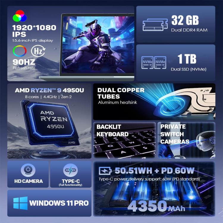 G16 Air 15.6 inch Gaming Laptop, Windows 11 Pro AMD Ryzen 9 4950U Octa Core, EU Plug, 32GB+1TB
