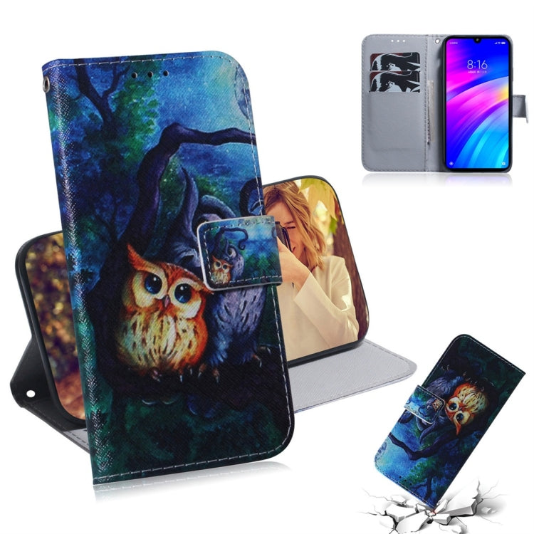 Oil Painting Owl Pattern Coloured Drawing Horizontal Flip Leather Case for Xiaomi Redmi 7, with Holder & Card Slots & Wallet