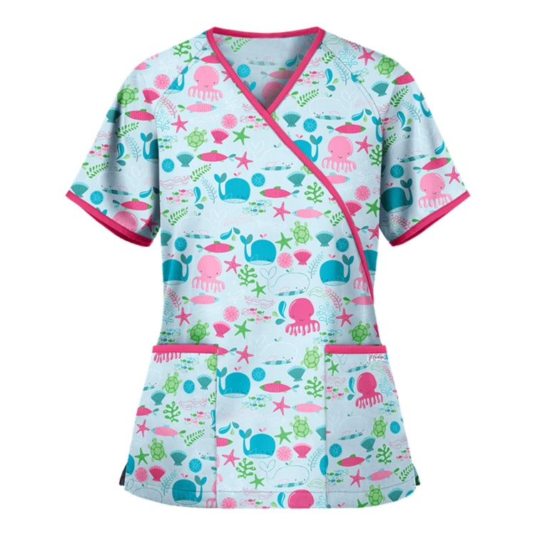 Printed V-neck Mid-length Nurse Uniform T-shirt (Color:Green Size:XXL)