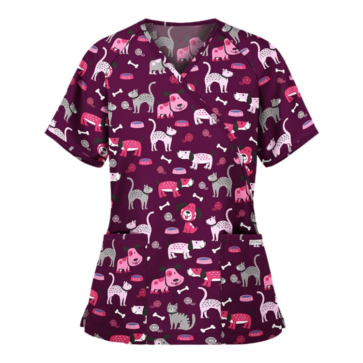 Printed V-neck Mid-length Nurse Uniform T-shirt (Color:Green Size:XXL)