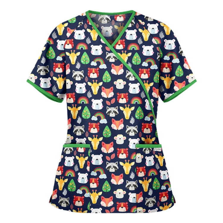 Printed V-neck Mid-length Nurse Uniform T-shirt (Color:Green Size:XXL)