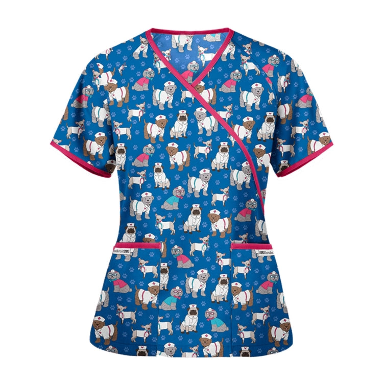 Printed V-neck Mid-length Nurse Uniform T-shirt (Color:Green Size:XXL)