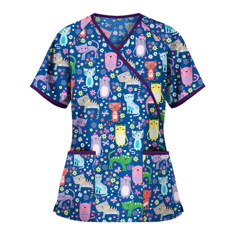 Printed V-neck Mid-length Nurse Uniform T-shirt (Color:Green Size:XXL)
