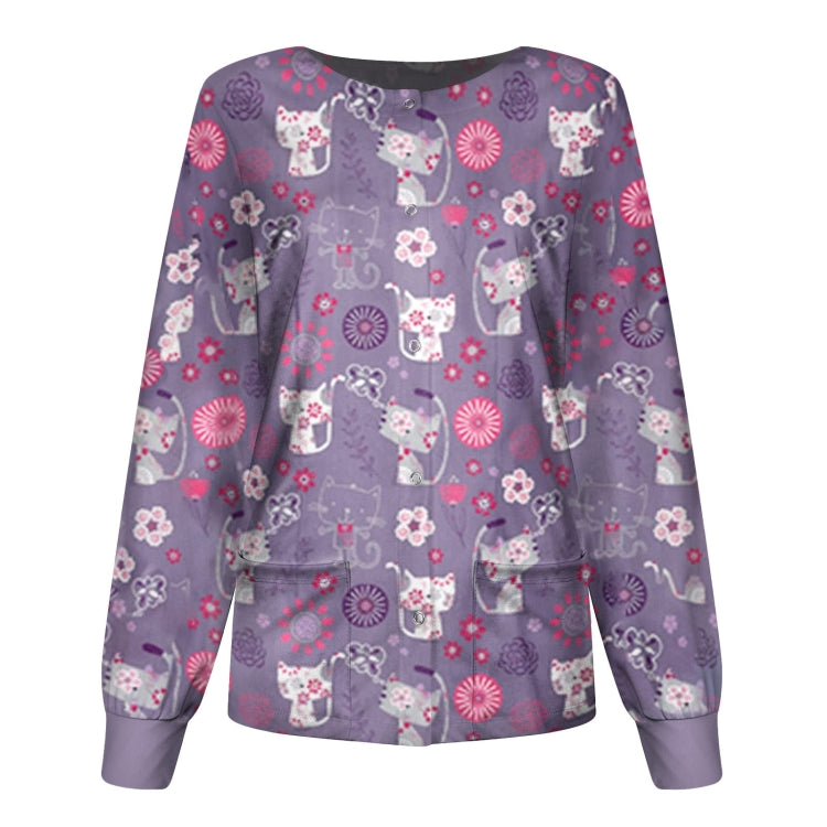 Round Neck Printed Nurse Clothes Long Sleeve Top (Color:Blue Size:XXXL)
