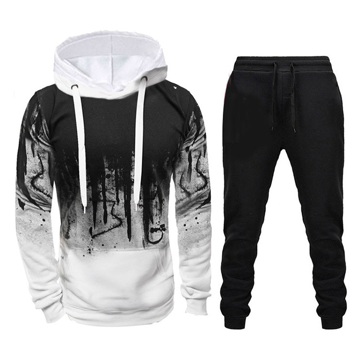 Men Loose Print Hoodie Sport Sweatshirt Set (Color:Army Green Size:XXXL)