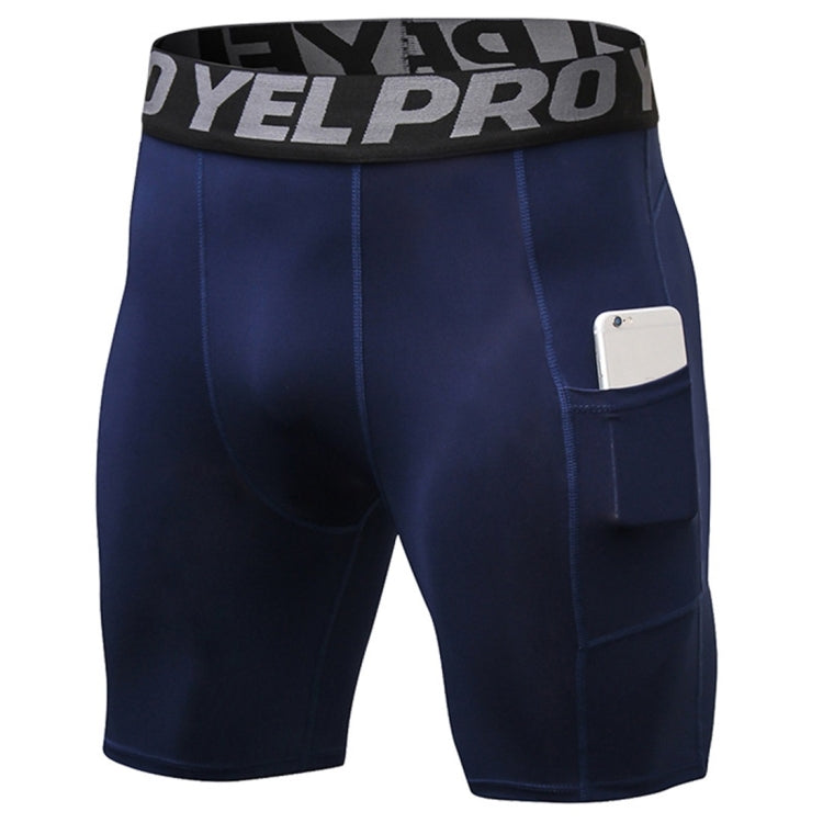 Sports Running Training Sweat Wicking Quick Drying Stretch Tight Shorts With Pocket (Color:Navy Size:XXL)