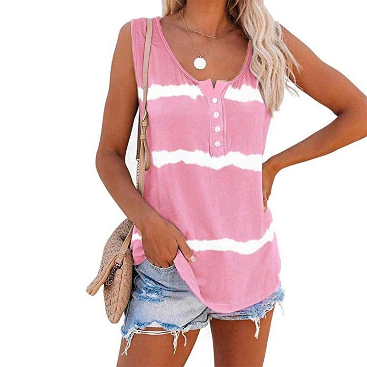 Loose Tie-dye Striped Printed Vest T-shirt for Ladies (Color:Green Size:S)