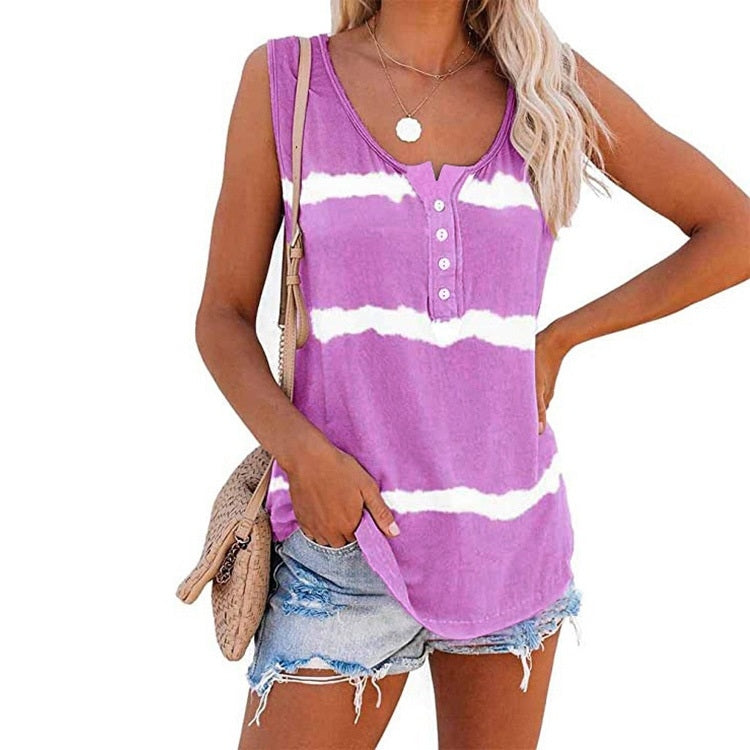 Loose Tie-dye Striped Printed Vest T-shirt for Ladies (Color:Green Size:S)