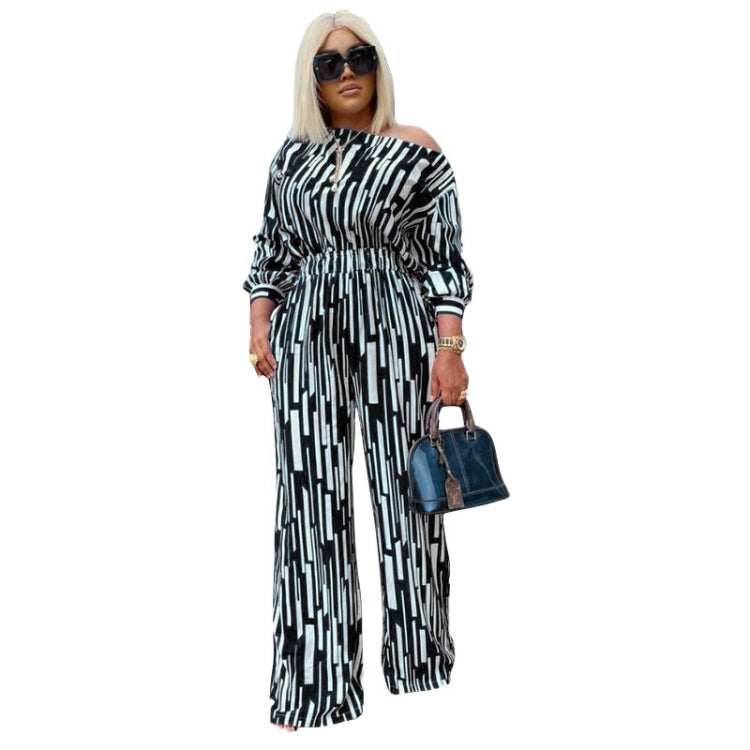Large Size Striped Printing Oblique Long-sleeved Shoulder Loose Fashion Casual Suit — view 10