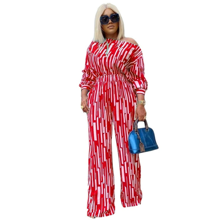 Large Size Striped Printing Oblique Long-sleeved Shoulder Loose Fashion Casual Suit — XXXXL