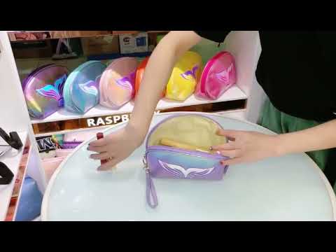 Semicircle Cartoon Fishtail Laser Makeup Toiletry Bag(White) - YouTube Video