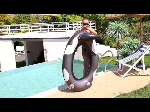 Inflatable Black Whale With Net Hammock Swimming Deck Chair With Backrest Floating Bed - YouTube Video