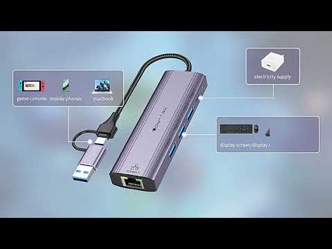 T513 USB-A / Type-C to USB3.0 x 3 + USB-C + Gigabit Laptop Adapter Docking Station - YouTube Video