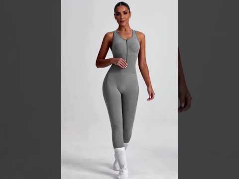 Women Backless Long Yoga Bodysuit with Front Zipper - Waist Cinching & Hip Lifting for Running, Fitness, Workout, Size: S(Coffee) - YouTube Video