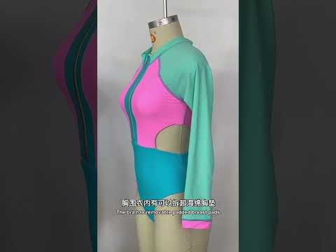 Contrast Color Long Sleeve Sun-protective One Piece Bikini Swimsuit, Size:S(Pink) - YouTube Video