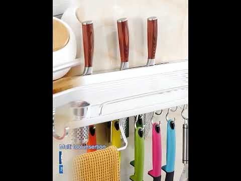 60cm 2 Cups 10 Hooks Multi-function Kitchen Punching-free Wall-mounted Aluminum Edge Condiment Holder Storage Rack - YouTube Video