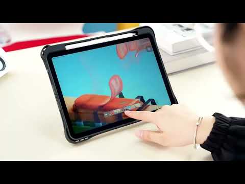For iPad Air 13 2026 / 2025 / 2024 Dual-Color 360 Pivot Holder Tablet Case with Pen Slot & Shoulder Strap(Navy Blue) - YouTube Video