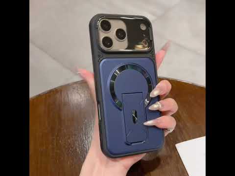 For iPhone 18 Pro Shockproof Lens Cover Magnetic Phone Case with Hidden Holder(Blue) - YouTube Video