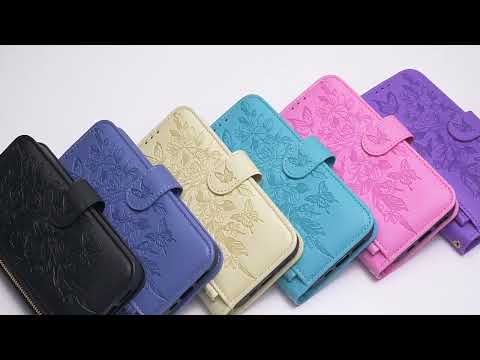 For Galaxy S22 5G Butterfly Flower Zipper Wallet Vegan Leather Phone Case with Strap(Black) - YouTube Video